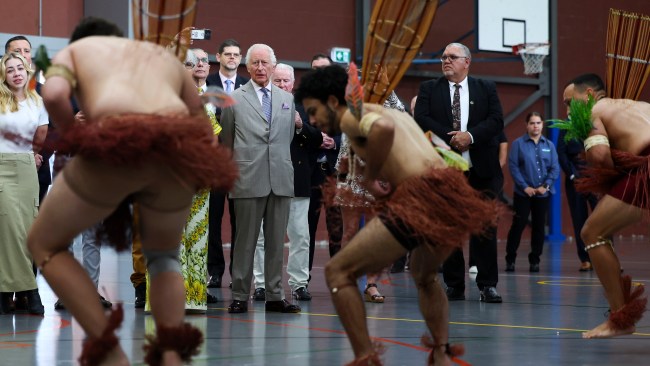 King Charles watches traditional dancers after meeting with Indigenous leaders and elders on Tuesday morning. Picture: NewsWire / POOL / Toby Melville