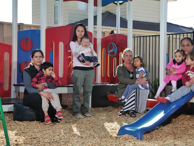 Extra help ... An additional $3.5 billion will be provided to tackle the soaring costs of childcare, something that will help mothers such as Kiran Rajesth and Darsh Rajesth (aged 2 and a half), Ny Phan and Aiden Nguyen (aged 7 months), Maija Kelly and Jacqueline Mateos (aged 4) and Fahren Wirihana with Caylajane Wirihana-Smith (aged 23 months) and Labronn Wirihana-Smith (aged 3). Picture: Hamish Blair