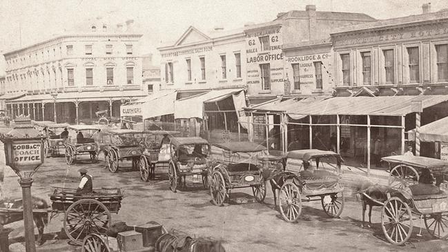 1860s Bourke St was a bustling hub of retail and public houses where workers and vagrants in gold rush Victoria would congregate. Picture: State Library of Victoria