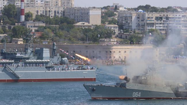 Russian anti-submarine corvette Muromets fires missiles during the Navy Day parade in the Black Sea port of Sevastopol, Crimea, 2020. Picture: Reuters