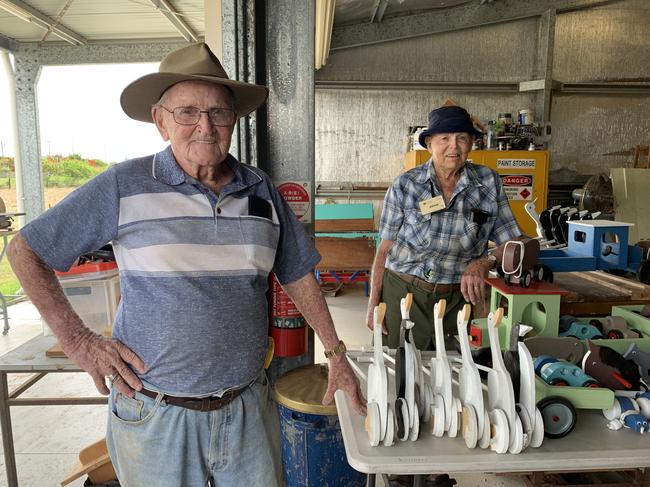 Bill Seymour, 91, and Kevin Windsor, 88, have created more than 1000 toys for Mackay foster children at the Beaconsfield Road Men's Shed. Picture: Heidi Petith