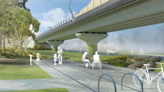 An artist’s impression of part of the Skyrail between Caulfield and Dandenong.