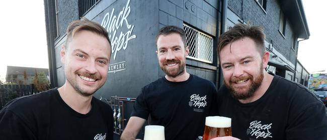 Black Hops Brewing co founders Eddie Oldfield, Dan Norris and Michael McGovern have cause for a few celebratory drinks today after becoming the first company in Australia to reach its crowdsourced funding target. Picture Mike Batterham