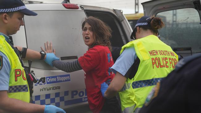 Must Credit Michelle Haywood fees apply. Fireproof Australia protesters on Sydney Harbour Bridge this morning being arrested. Pictured, is Deanna Coco, 31.