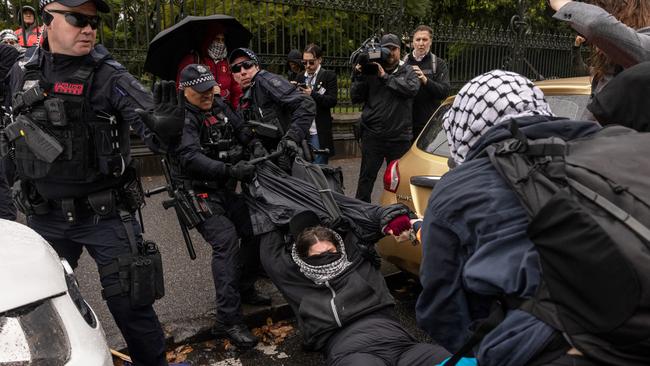 Pro-Palestine supporters clash with members of Victoria Police. Picture: Getty Images