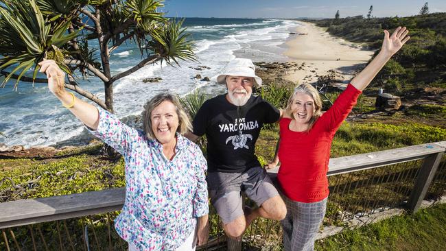 Lyn Saxton from Development Watch, Jim Moore of Friends of Yaroomba and Narelle McCarthy from the Sunshine Coast Environmental Council, celebrate a major win at The Court of Appeal over the controversial Sekisui House Yaroomba Development. Picture Lachie Millard