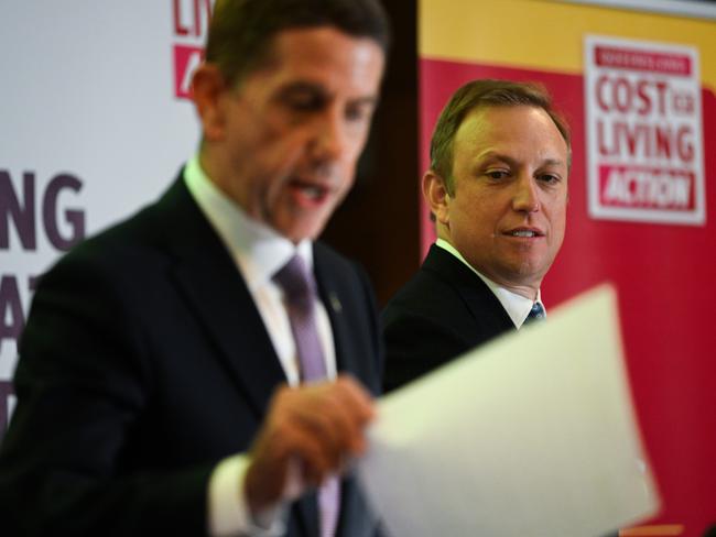 BRISBANE, AUSTRALIA - NewsWire Photos - JUNE 11, 2024. The Queensland Premier Steven Miles (right) and Treasurer and Minister for Trade and Investment Cameron Dick during a press conference before handing down the 2024-25 State Budget, at Parliament House. Photo: Dan Peled / NewsWire