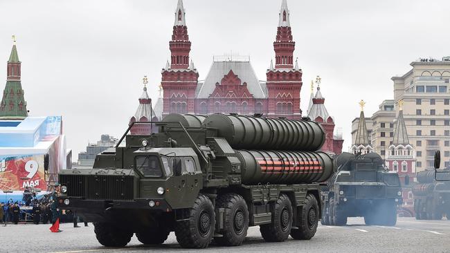 Russian S-400 air-defence systems roll along Moscow’s Read Square for a Victory Day parade. Picture: AFP