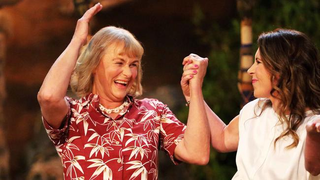 Shane Gould celebrates winning the latest season of Survivor Australiaover Sharn Coombes. Picture: Nigel Wright