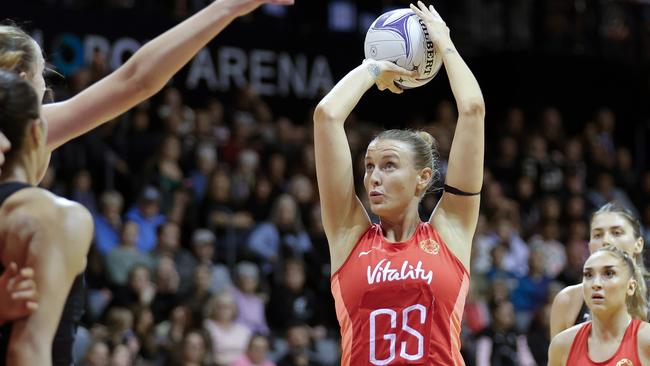 HAMILTON, NEW ZEALAND - SEPTEMBER 30: Sasha Glasgow of England during the Taini Jamison Trophy International Test Match between the New Zealand Silver Ferns and England Roses at Globox Arena on September 30, 2023 in Hamilton, New Zealand. (Photo by Dave Rowland/Getty Images)