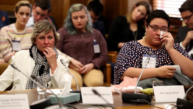 Caroline Andersen and Latoya Rule, the family of Wayne Morrison, speak to a parliamentary inquiry into the administration of SA’s prisons. Picture: Kelly Barnes/The Australian.