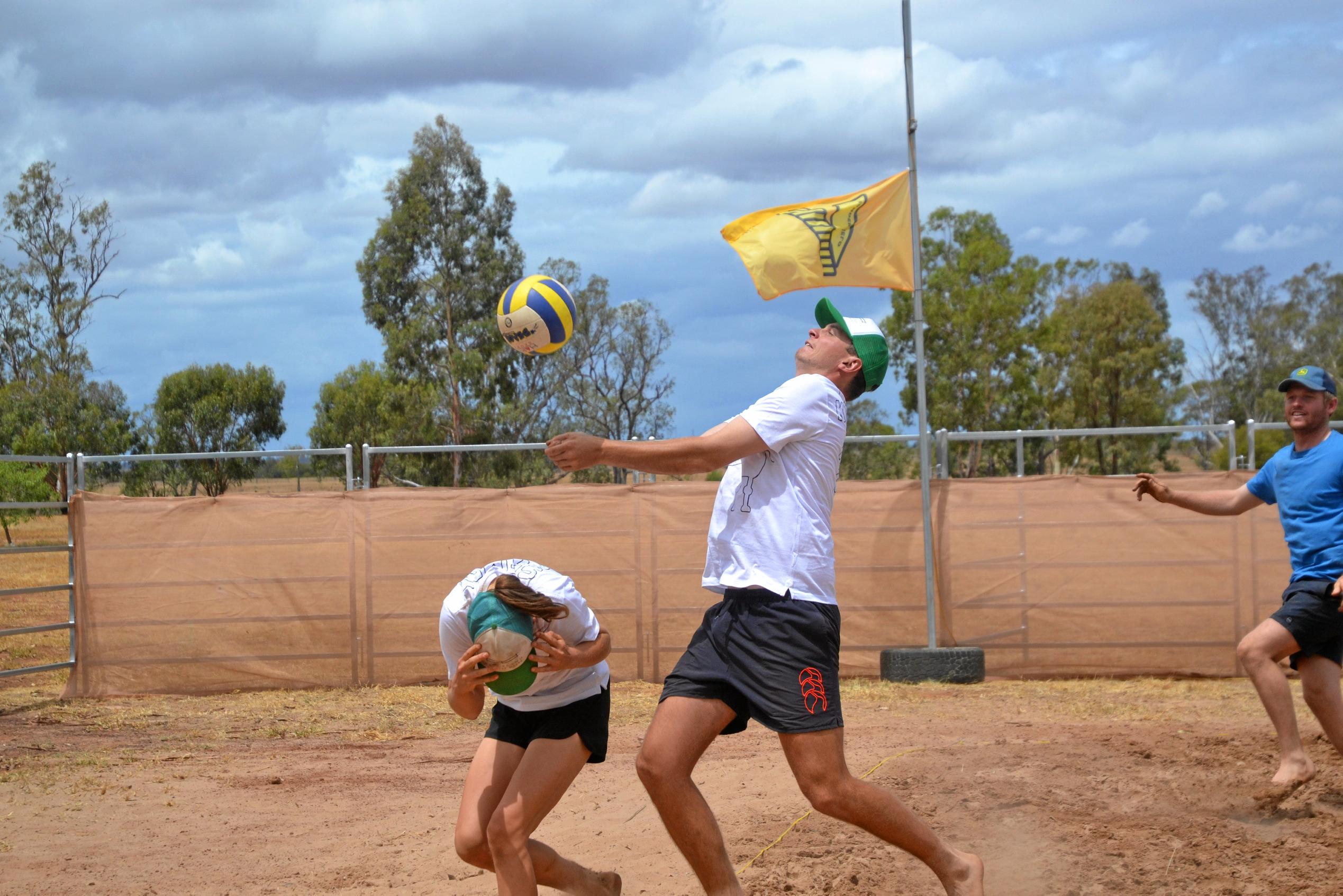 Daniel Stirling digs deep at the Dulacca Sports Club annual Bush Beach Volleyball tournament. Picture: Kate McCormack