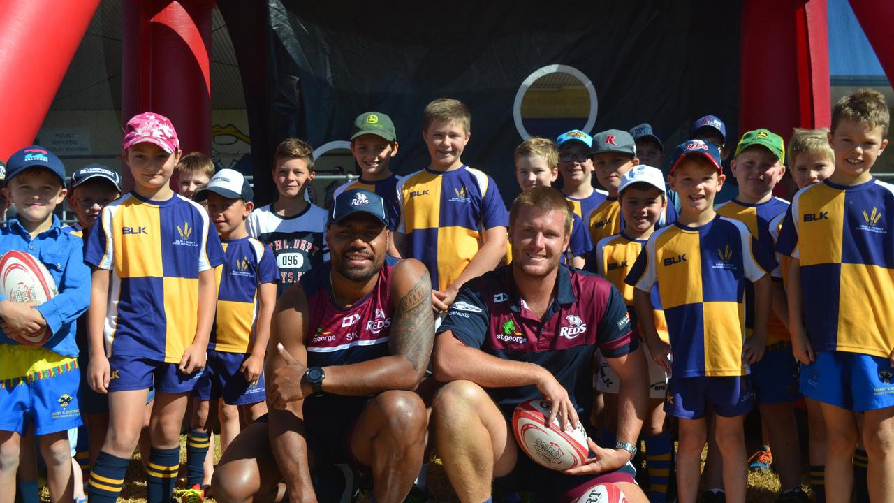 Samu Kerevi (left) with Harry Hoopert at this year's Dalby Junior Rugby Union sign-on day at John Ritter Oval.