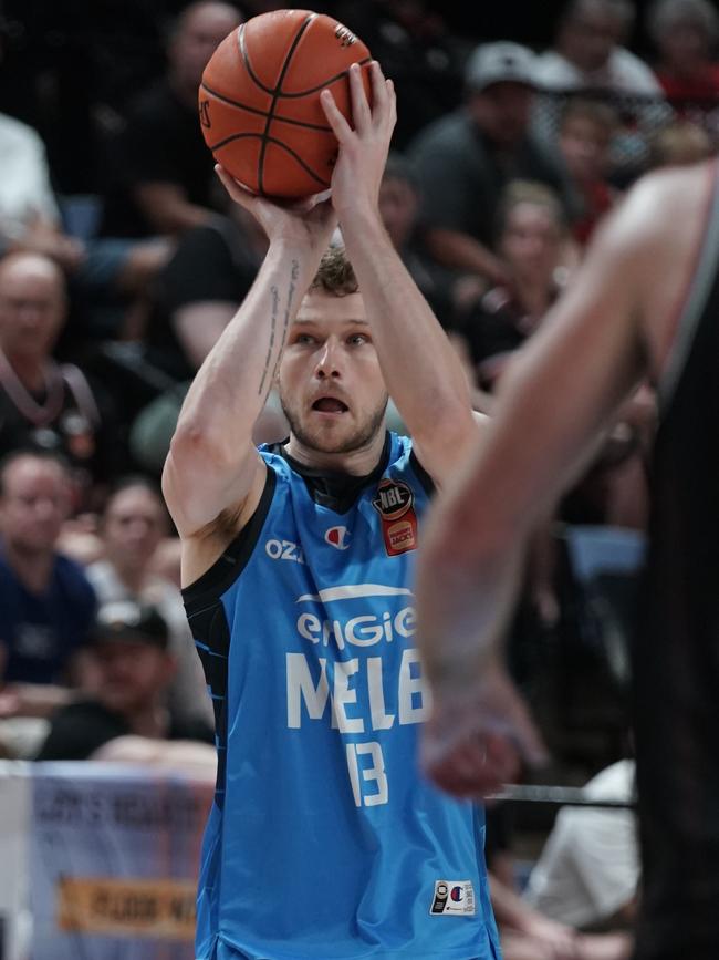 Tanner Krebs drained three of his four tries from the three-point line in a vital performance for Melbourne United in game one of the NBL grand final series against Illawarra Hawks. Picture: Lochie Gay/United Media