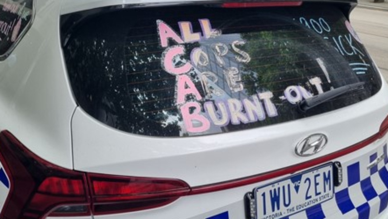 Victorian Police officers marked their cars on Thursday to demand better pay and conditions. Picture: Liam Beatty