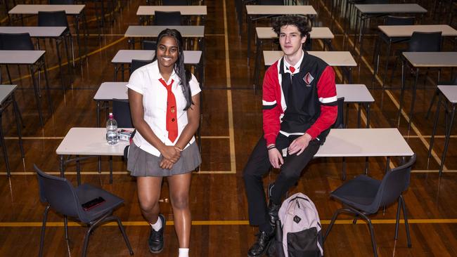 Cherrybrook Technology High School students Umica Ratnam and James Doak after finishing their Advanced Mathematics exam. Picture: Daily Telegraph / Monique Harmer