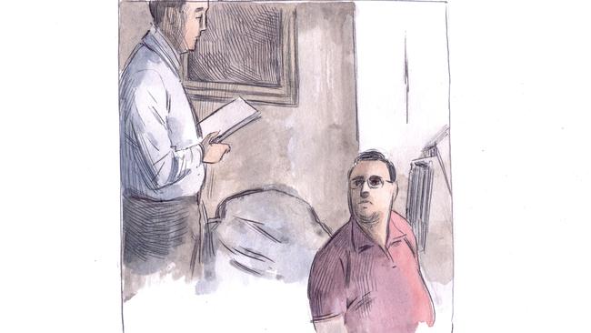 A court sketch of a police video shows the moment on December 22, 2016 that Bradley Robert Edwards – sitting on the floor of his house and propped against a wall with his hands restrained behind his back – hears that police have accused him of being the Claremont serial killer. Sketch: Anne Barneston