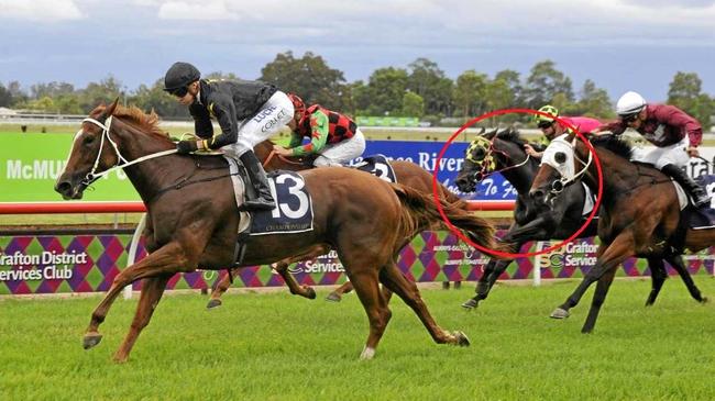 Scott Henley-trained Rakhish (pink silks) ran fourth in the $150,000 NRRA Country Championships qualifier won by Matthew Dunn-trained La Scopa at Clarence River Jockey Club on 17th March, 2019. Picture: Bill North