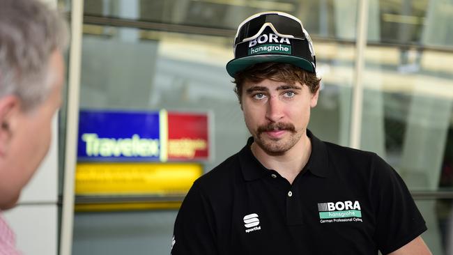 4.1.19 - Tour Down Under's headlining act Peter Sagan speaks to the media upon his arrival at Adelaide Airport  for his third TDU race.Picture: Bianca De Marchi