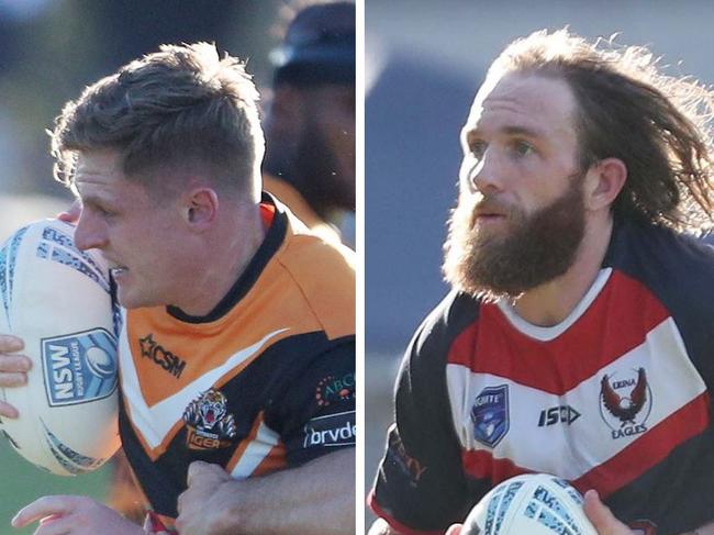 The Entrance Tigers player Nick Newman and Erina Eagles forward Joel Frazer during the 2024 Central Coast Rugby League season. Picture: Sue Graham