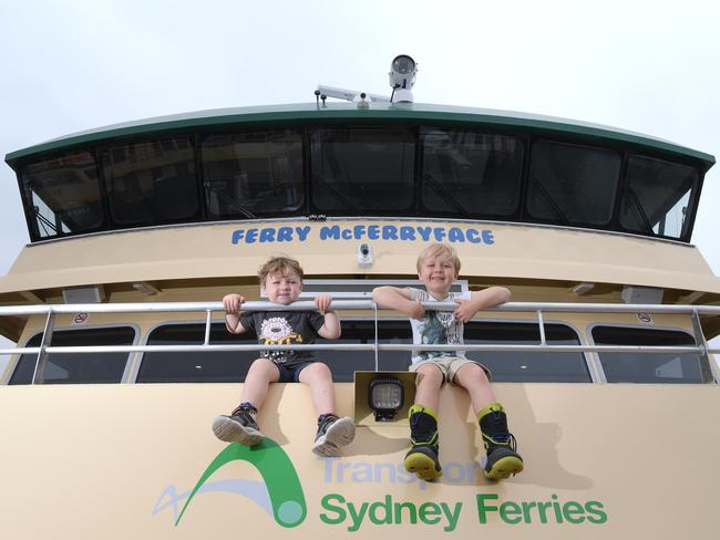 All aboard: Families will be able to see the controversial ferry for the first time since the name was announced. Pictured are Ollie, 4 and Charlie, 5. Picture: Simon Bullard