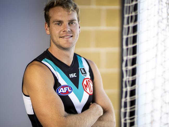 AFL Port Adelaide Player Jack Watts poses for a portrait at the Port Adelaide Football Club in Adelaide, Wednesday, February 26, 2020. (AAP Image/Kelly Barnes) NO ARCHIVING