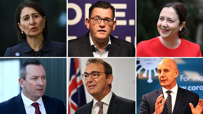 State Premiers (clockwise from top left) Gladys Berejiklian (NSW), Daniel Andrews (Victoria), Annastacia Palaszczuk (Queensland), Peter Gutwein (Tasmania), Steven Marshall (South Australia) and Mark McGowan (Western Australia).