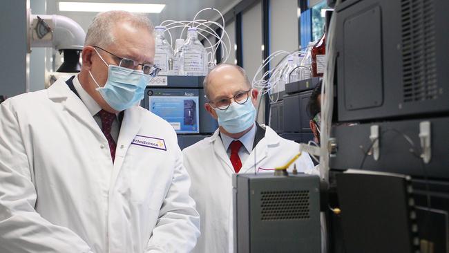 Scott Morrison and Acting Chief Medical Officer Paul Kelly at Sydney’s AstraZeneca lab last month. Picture: Getty Images