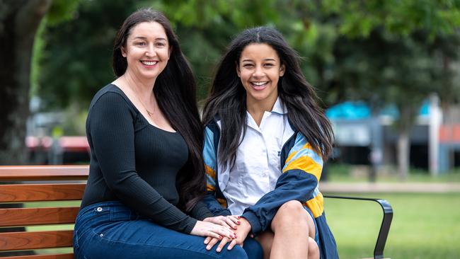 Kim Kamara with her daughter Destiny Lyons at Bigge Park, Liverpool. Destiny attends Westfield Sports High, one of the top 10 richest schools. Picture: Monique Harmer