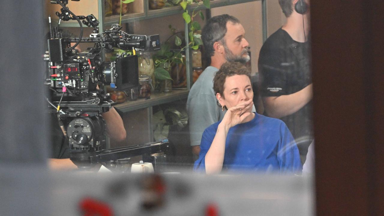 Olivia Colman filming in Exchange Coffee. Picture: Brenton Edwards