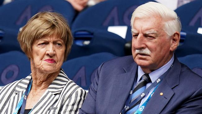 Margaret Court and husband Barry on centre court during day one of the Australian Open.