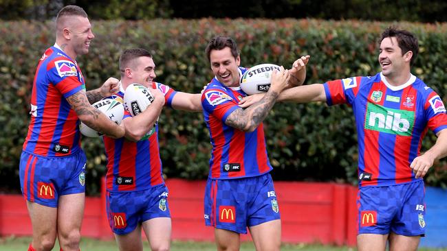 SUNDAY TELEGRAPH SPORT SPECIAL. MUST NOT BE PUBLISHED WITHOUT TALKING TO JAMES SILVER ST SPORTS EDITOR. Former Roosters ... Mitchell Pearce with Knight's team mates Shaun Kenny-Dowall, Connor Watson and Aiden Guerra in Newcastle on the eve of this Sunday's showdown. Picture by Peter Lorimer.