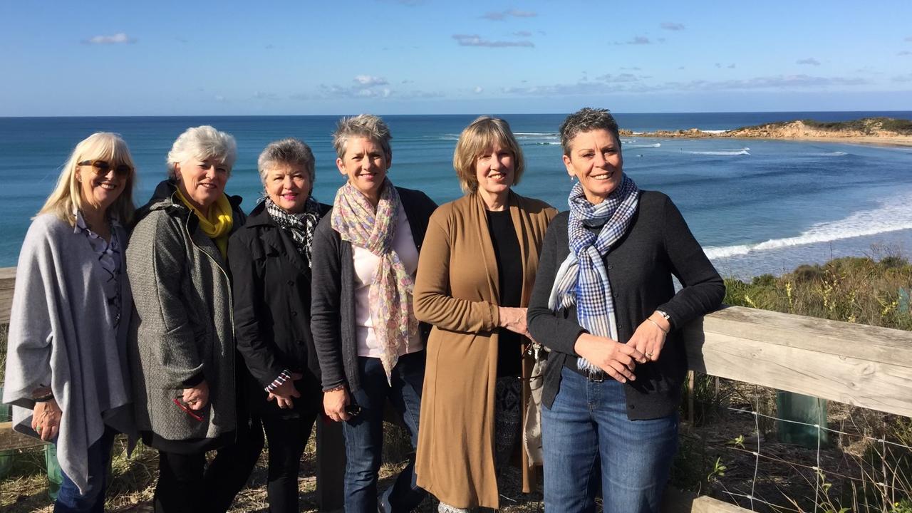 Kris Fitzgerald, Lyn Swinburne, Marita O’Keefe, Carolyn Allison, Ronna Moore and Lynne Williams at Karen Albrecht's memorial bench in Victoria.