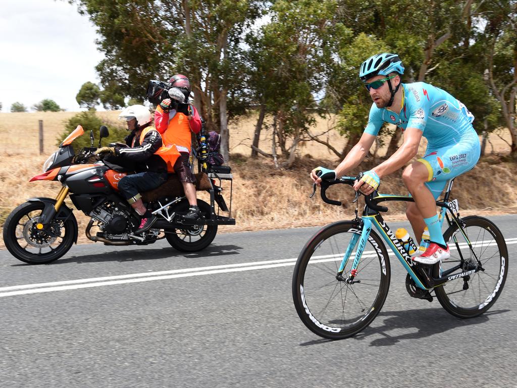 Belgian rider Laurens de Vreese of team Astana in a long solo breakaway run. Picture: Dan Peled