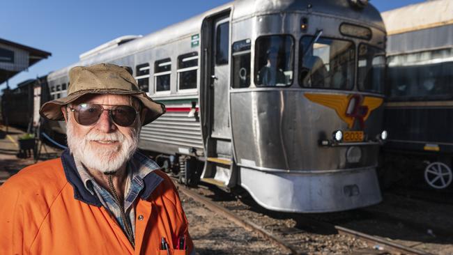 DownsSteam volunteer John Lamb as the Pittsworth Pacer Commissioner Railmotors leave Drayton for Pittsworth, Saturday, June 15, 2024. Picture: Kevin Farmer