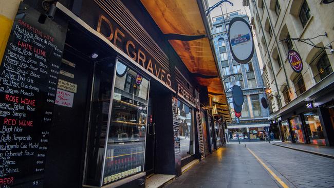 Usually bustling, Degraves St was deserted this week. Picture: Jay Town