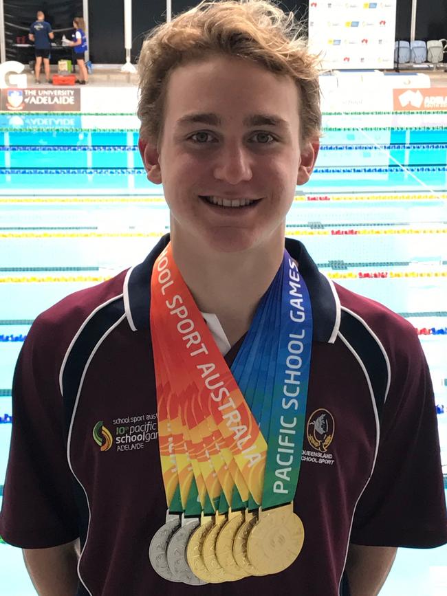 Gympie swimmer Troy Carlson has claimed a winning haul of five gold medals and two silver medals at the recent Pacific School Games in Adelaide.