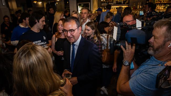 Premier Steven Marshall concedes defeat at the Liberal HQ at the Robin Hood Hotel in Norwood. Picture: Tom Huntley