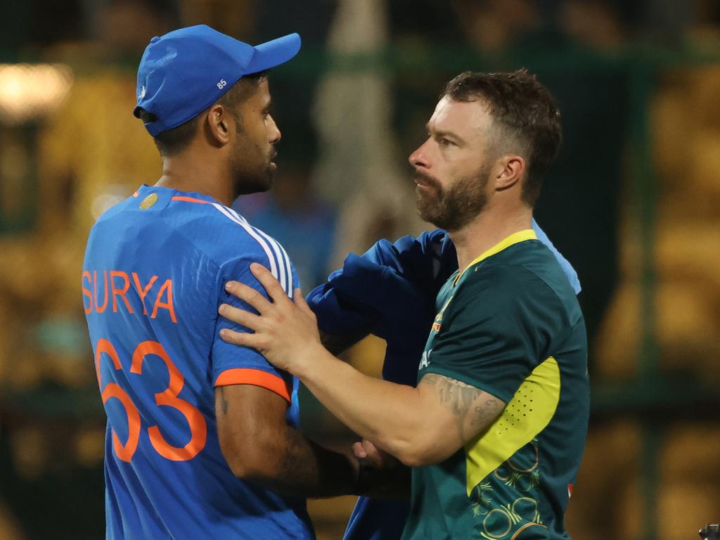 Opposing captains Suryakumar Yadav captain and Matthew Wade after the fifth and final T20I. Picture: Pankaj Nangia/Getty Images