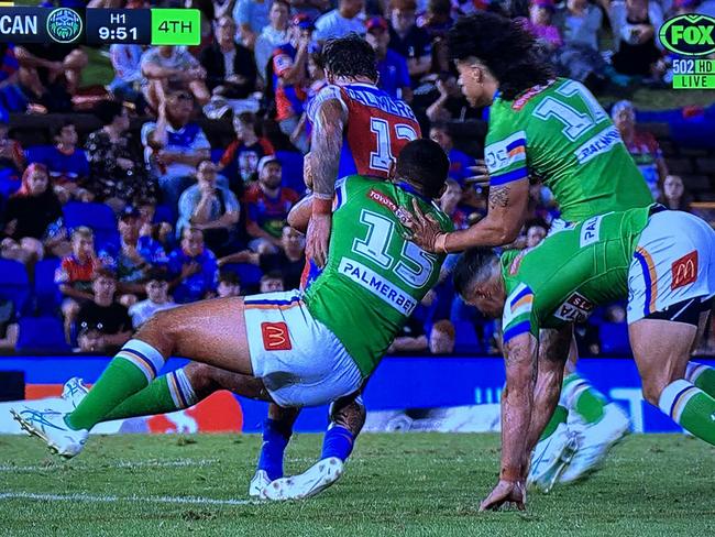 Canberra's Emre Guler escaped with a fine for the tackle. Pic: Fox League