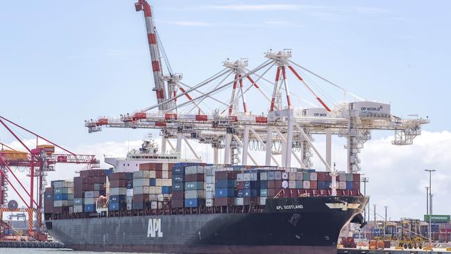 A container vessel at Port of Brisbane in December 2020, in the first calendar year of Covid in Australia. Picture: Richard Walker