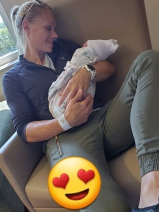 Erin Phillips cuddles new son, Drew Chayce Phillips. Picture: @erinphillips131/Instagram