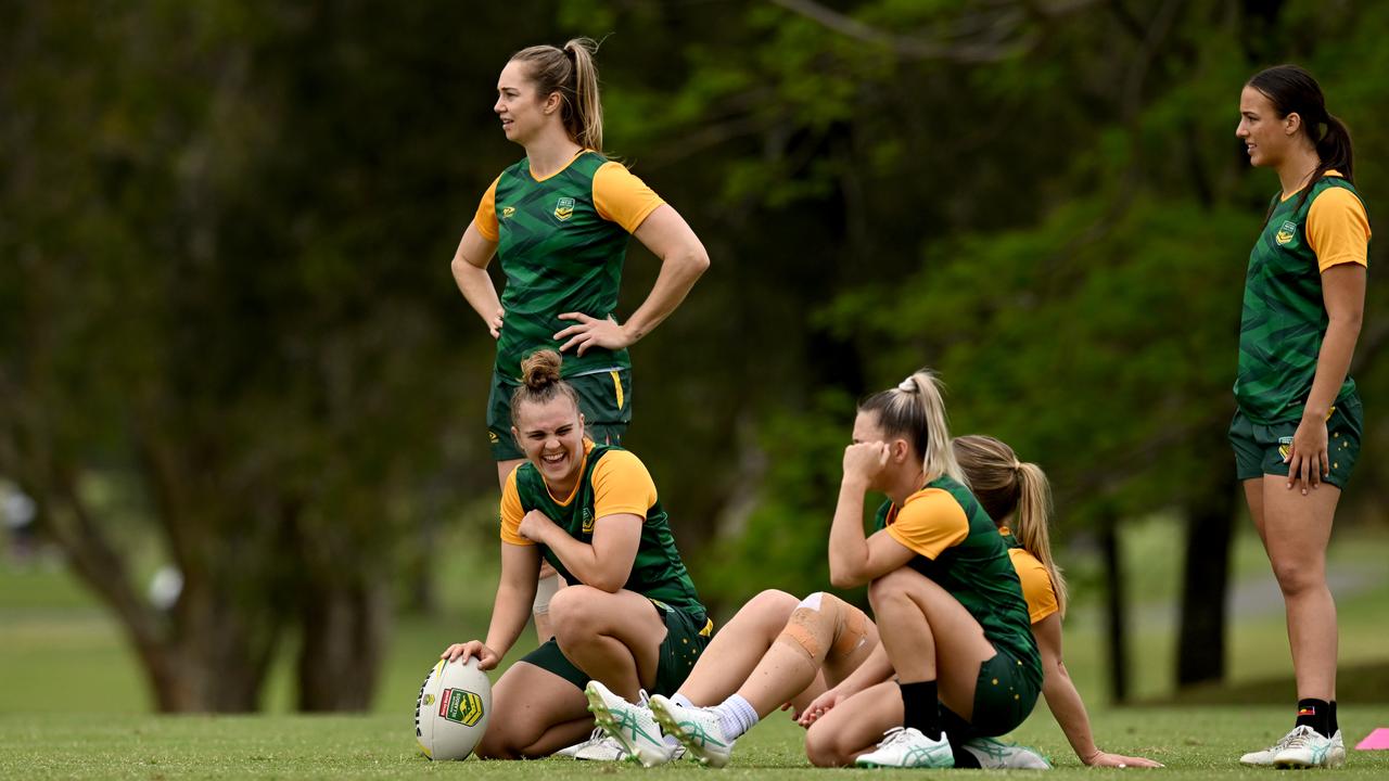 Jesse Southwell shares a laugh with teammates at Jillaroos training. Picture: NRL Imagery