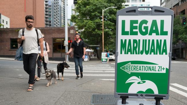 A state Legal Marijuana shop sign in downtown Seattle.