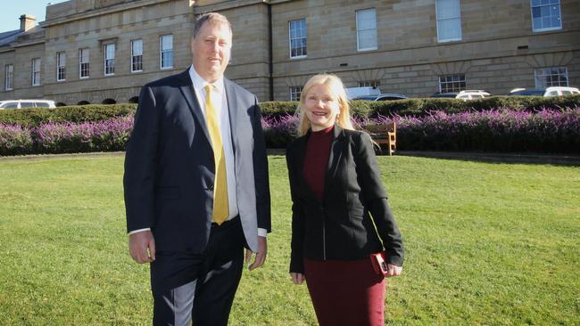 Tasmania's new independent MPs Lara Alexander and John Tucker, pictured outside Parliament House, Hobart. Picture: Matthew Denholm / The Australian