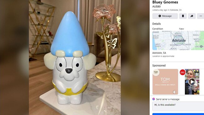 People selling the Bluey Gnomes on Facebook Marketplace for inflated prices a day after they go on sale, and sell out, at Bunnings stores. Picture: Facebook