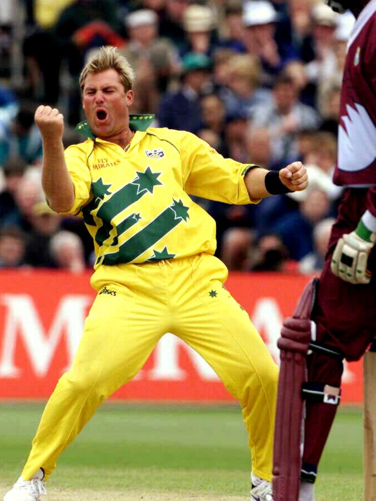 Shane Warne enjoys a wicket against the West Indies in the 1999 World Cup.