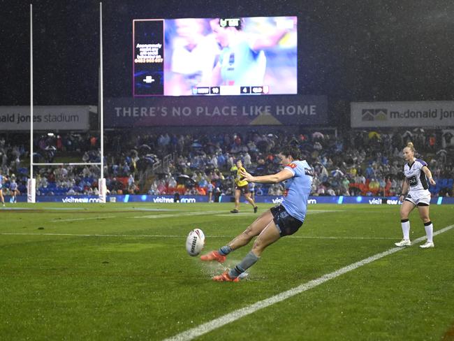Rachael Pearson slips taking a conversion and misses. The two points likely would have sealed victory in the series. Picture: NRL Imagery