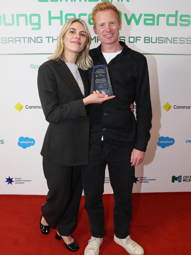 MELBOURNE, AUSTRALIA – MAY 28 2024 Julia Kay and Jordy Kay from GREAT WRAP – Winner: “Sustainable Entrepreneur” Award at the CommBank Young Hero Awards held at the Langham Hotel in Melbourne. Picture: Brendan Beckett