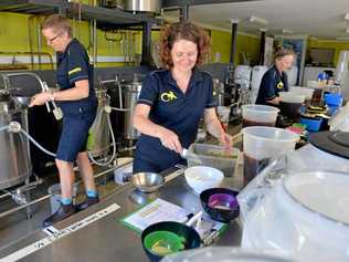 Helena Slade, Linda Palmer and Robyn Law at Goanna Brewing, which is up for sale. Picture: Tony Martin